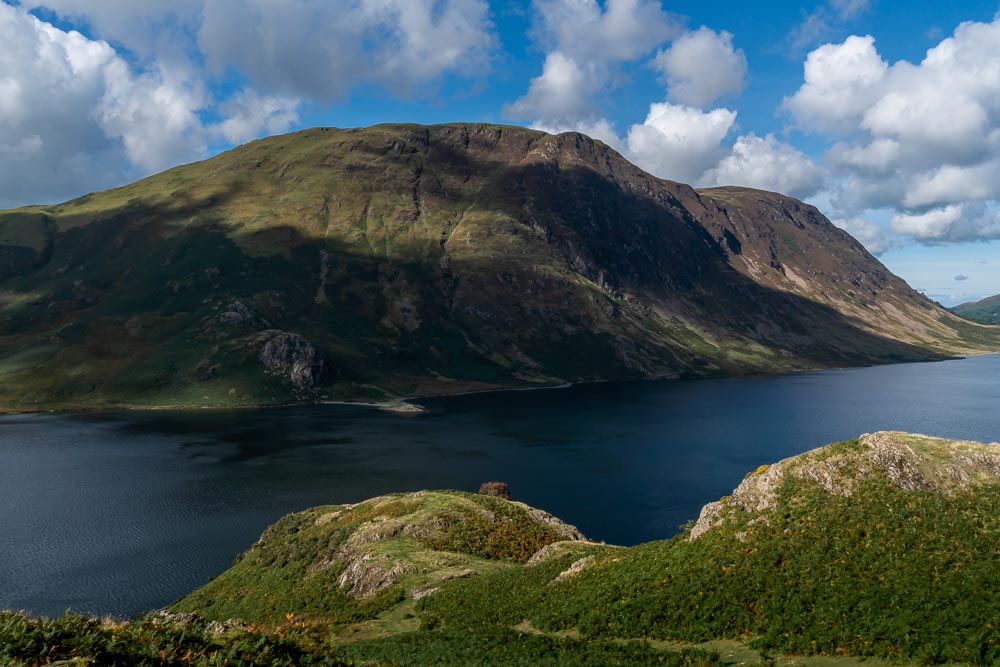 View on the way of a mountain and lake as part of the ascent on the Rannerdale Knotts walk