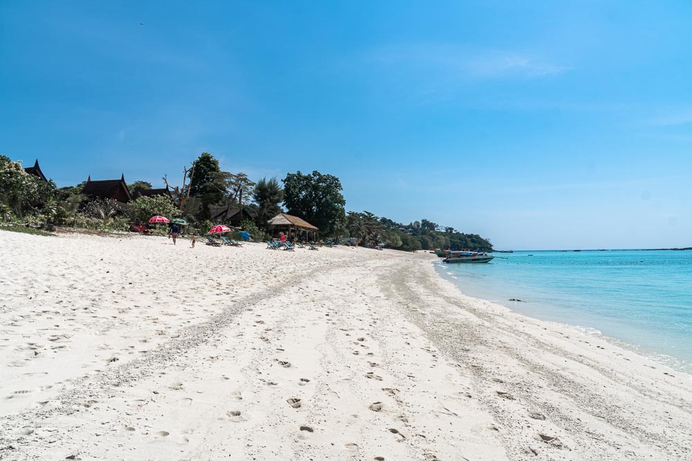 Long beach on Koh Phi Phi where there are hotels by the beach