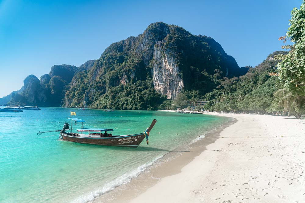 One of the many beautiful beaches on the Koh Phi Phi Islands, visiting them is one of our top things to do here