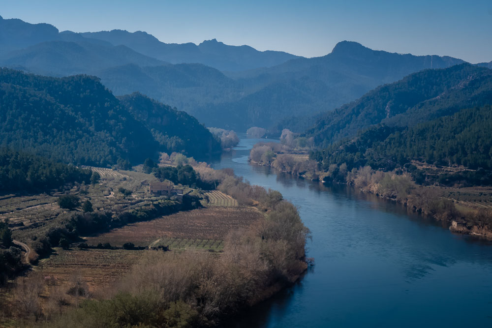 Beautiful view of the Ebro Delta with mountains in the background from Miravet Castle